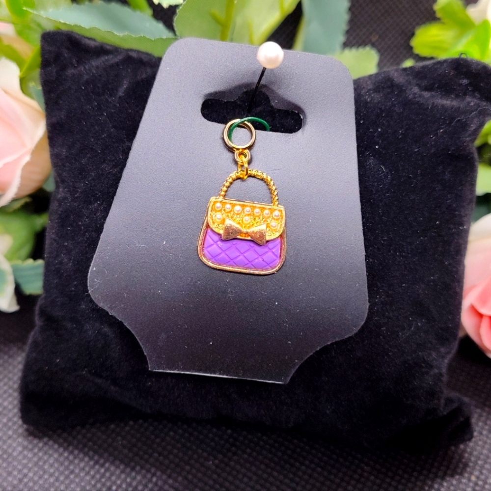 Purple Purse with Gold tone trim & Bow Pendant Charm for Necklace Bracelet NEW